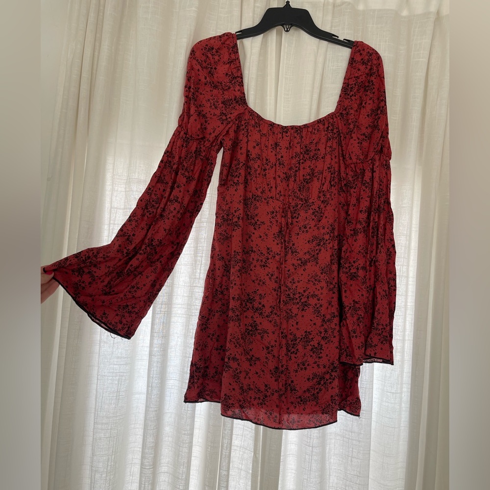 Boho red dress with black flowers